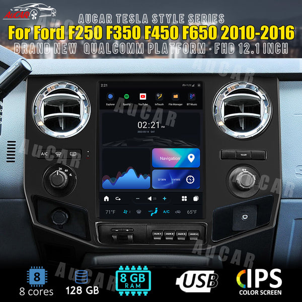 AuCar 12.1'' Tesla Screen Android 11 Car Radio Stereo Video GPS Navigation Car Multimedia Player For Ford F250 F350 F450 F650 2010-2016