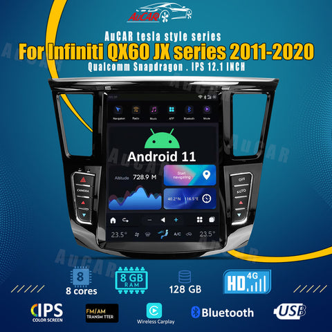 AuCar 12.1'' Android 11 Tesla Screen GPS Navigation Car Video Radio Stereo Head Unit Multimedia Player For Infiniti QX60 JX Series 2011-2020