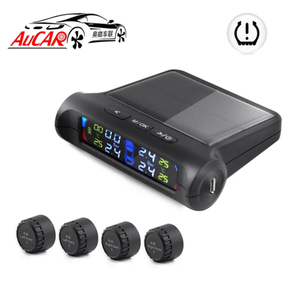 AuCAR LED Car Tire Pressure Monitoring System TPMS Solar Power Wireless LCD Display with 4 external Sensor Auto Security Alarm
